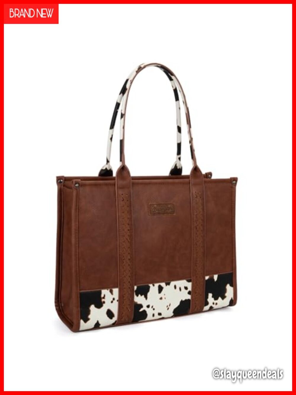 Faux Leather Cow Print Tote Bag Whipstitch Top Handle Satchel